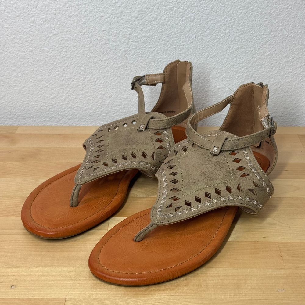 Report Lindsay Taupe Laser Cut Geometric Thong Sandals Womens 8.5 Flat Boho